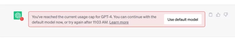 GPTGPT-4 사용제안 안내문 You've reached the current usage cap for GPT-4. You can continue with the default model now, or try again after