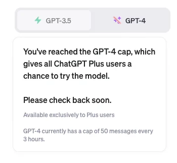 챗GPT 유료 사용 제한 You've reached the GPT-4 cap, which gives all ChatGPT Plus users a chance to try the model.