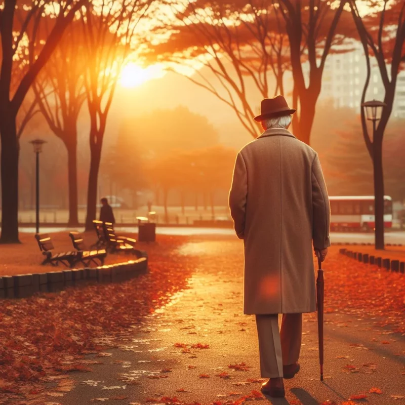 석양지는 공원에서 혼자 걷고 있는 노인